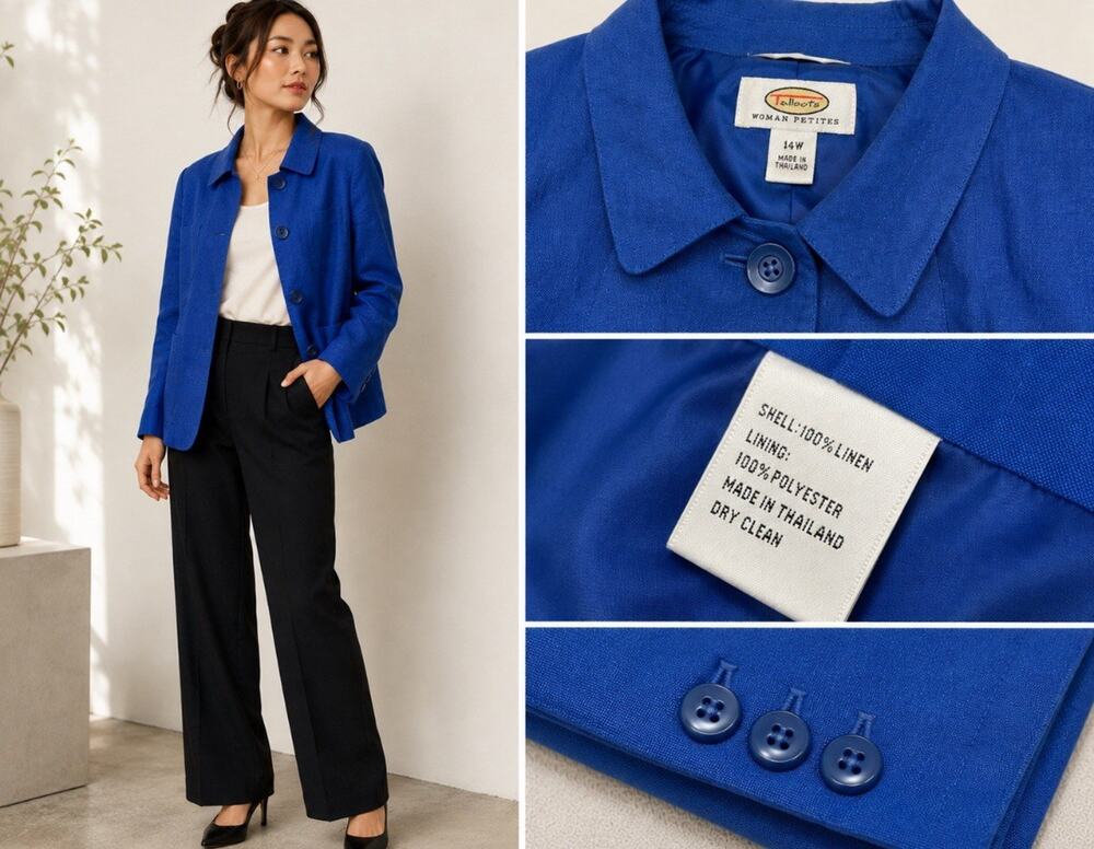 NWT Old Money Talbots Woman Petites Collared Linen Jacket Size XL Cobalt Blue